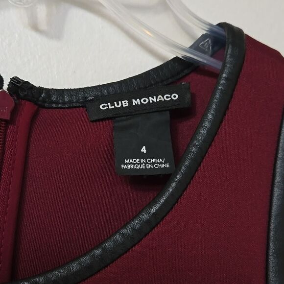 Club Monaco Neoprene Scuba Fit and Flare Pleated Dress Burgundy Leather Trim 4 - Picture 4 of 7